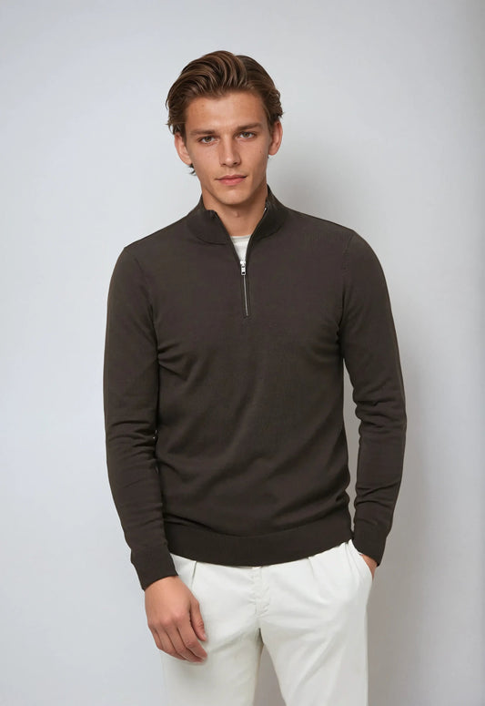 Essential Half Zip Sweater - Dark Brown