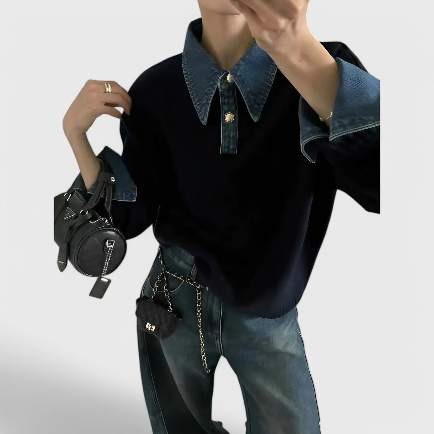 Knitted Sweater with Denim Collar for Women