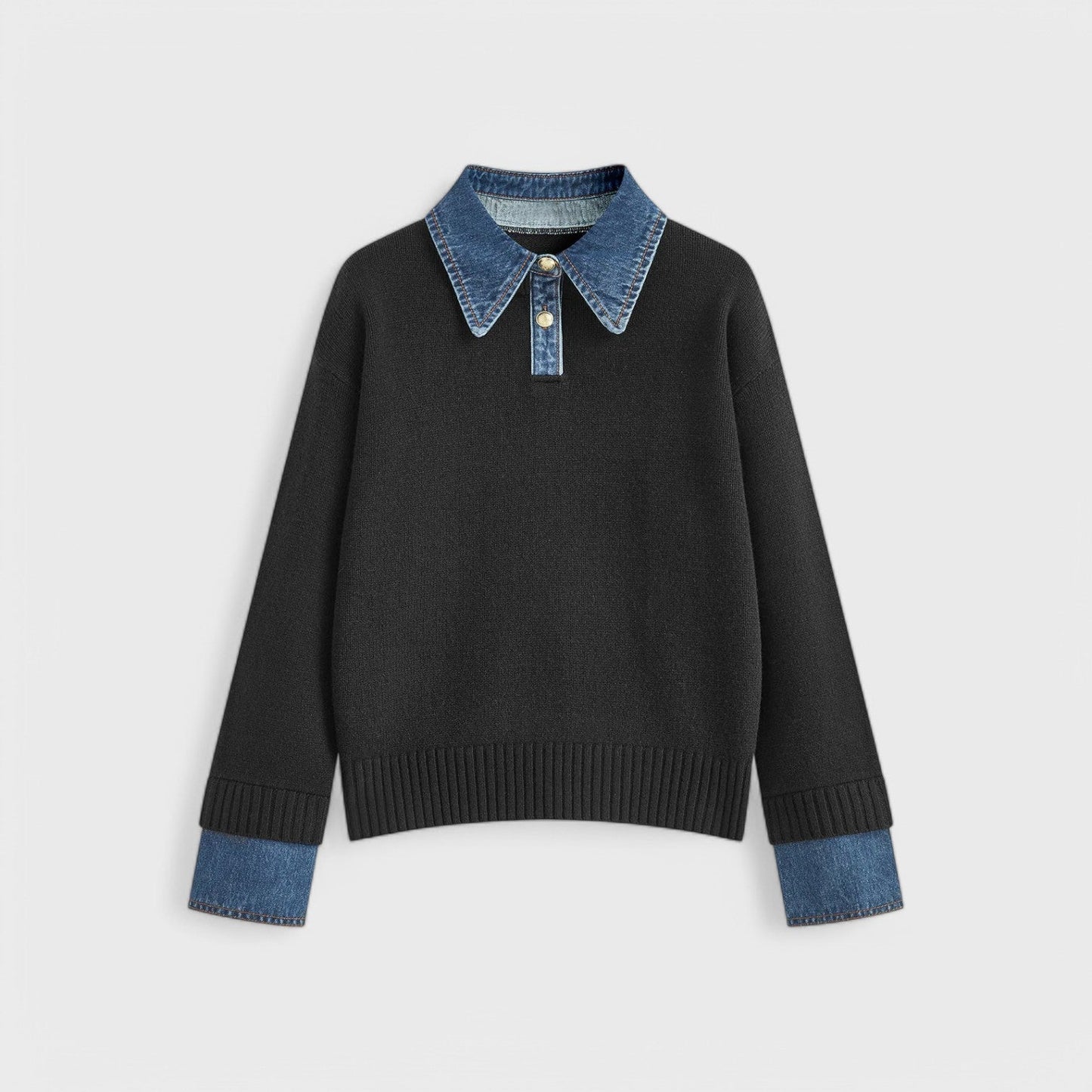Knitted Sweater with Denim Collar for Women