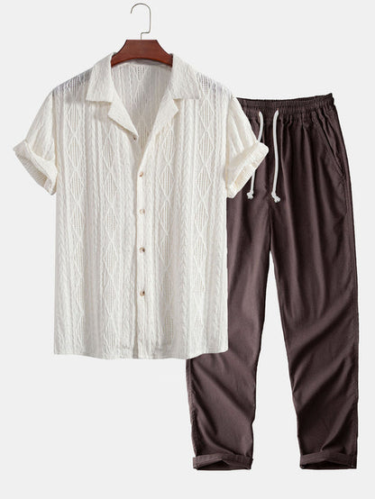 Geometric Jacquard Shirt and Linen Trousers Set