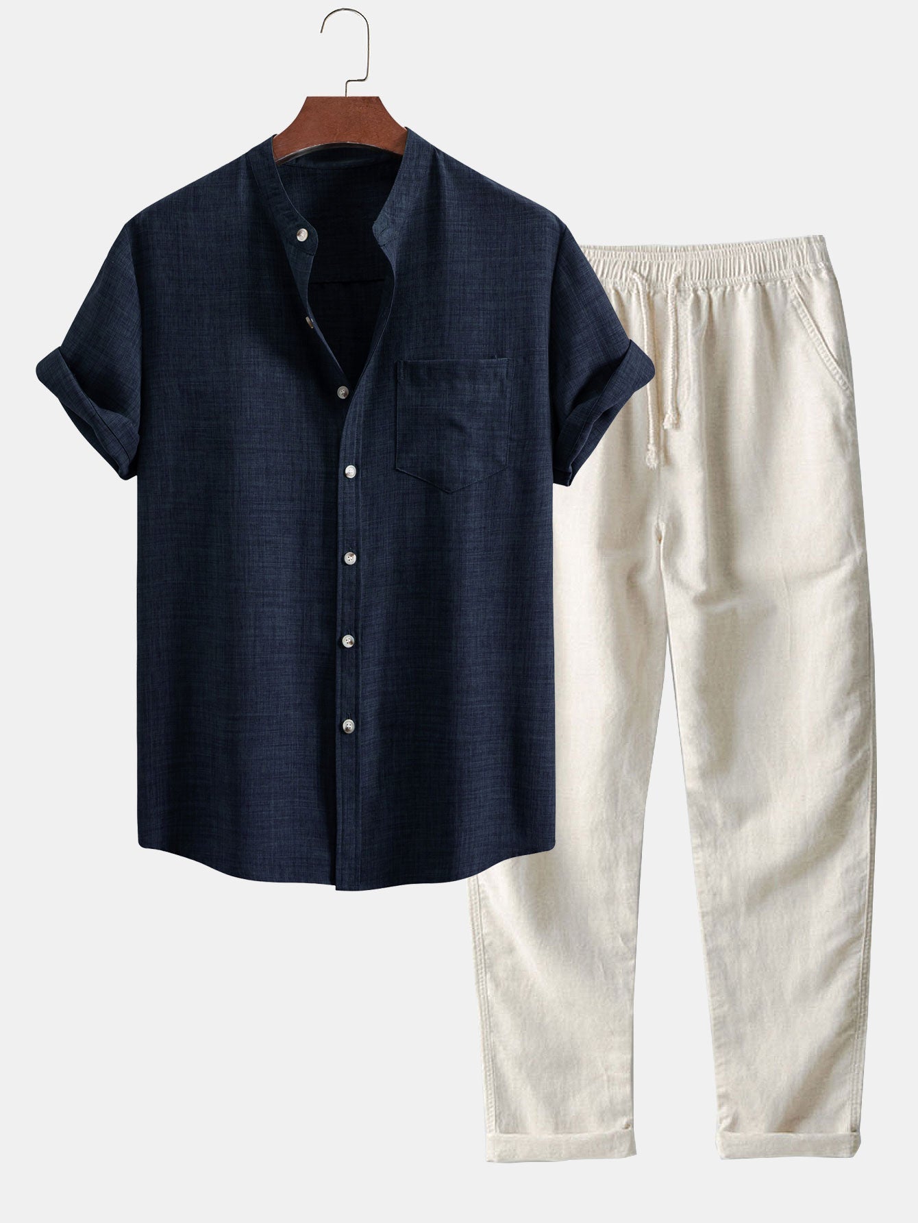 Short Sleeve Stand Collar Shirt & Linen Trousers Set