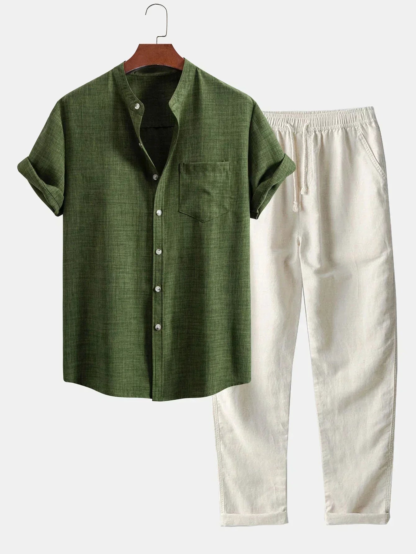Short Sleeve Stand Collar Shirt & Linen Trousers Set