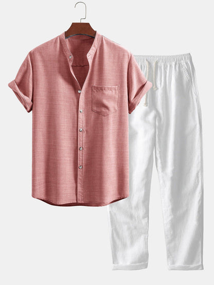 Short Sleeve Stand Collar Shirt & Linen Trousers Set