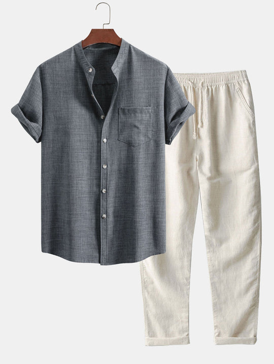 Short Sleeve Stand Collar Shirt & Linen Trousers Set