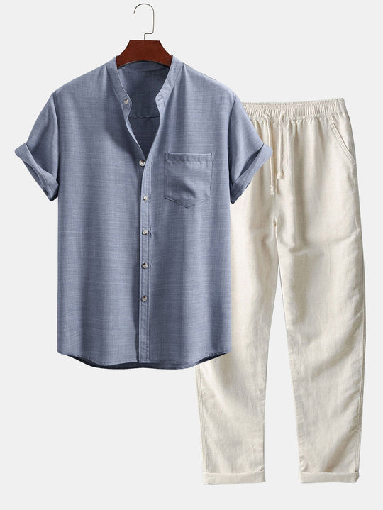 Short Sleeve Stand Collar Shirt & Linen Trousers Set