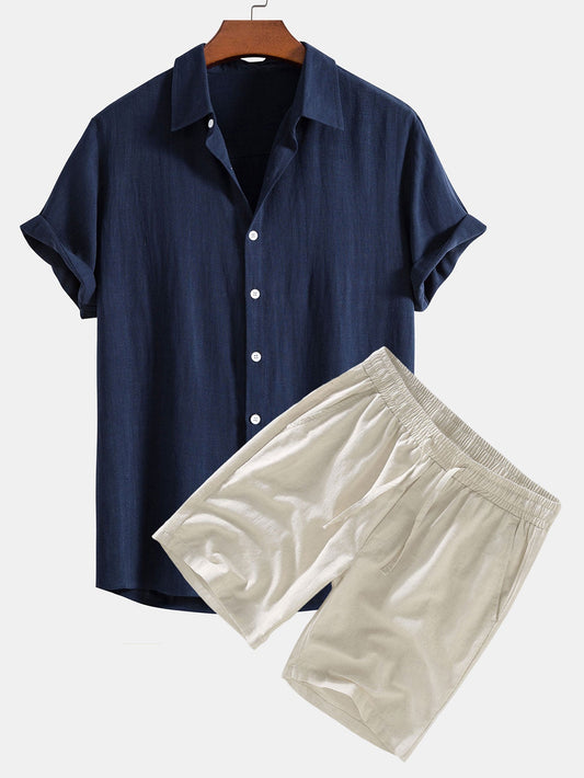 Linen Blend Shirt and Drawstring Shorts Set