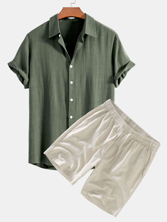 Linen Blend Shirt and Drawstring Shorts Set
