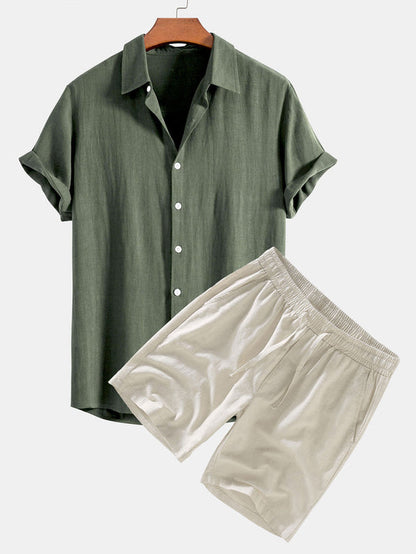Linen Blend Shirt and Drawstring Shorts Set